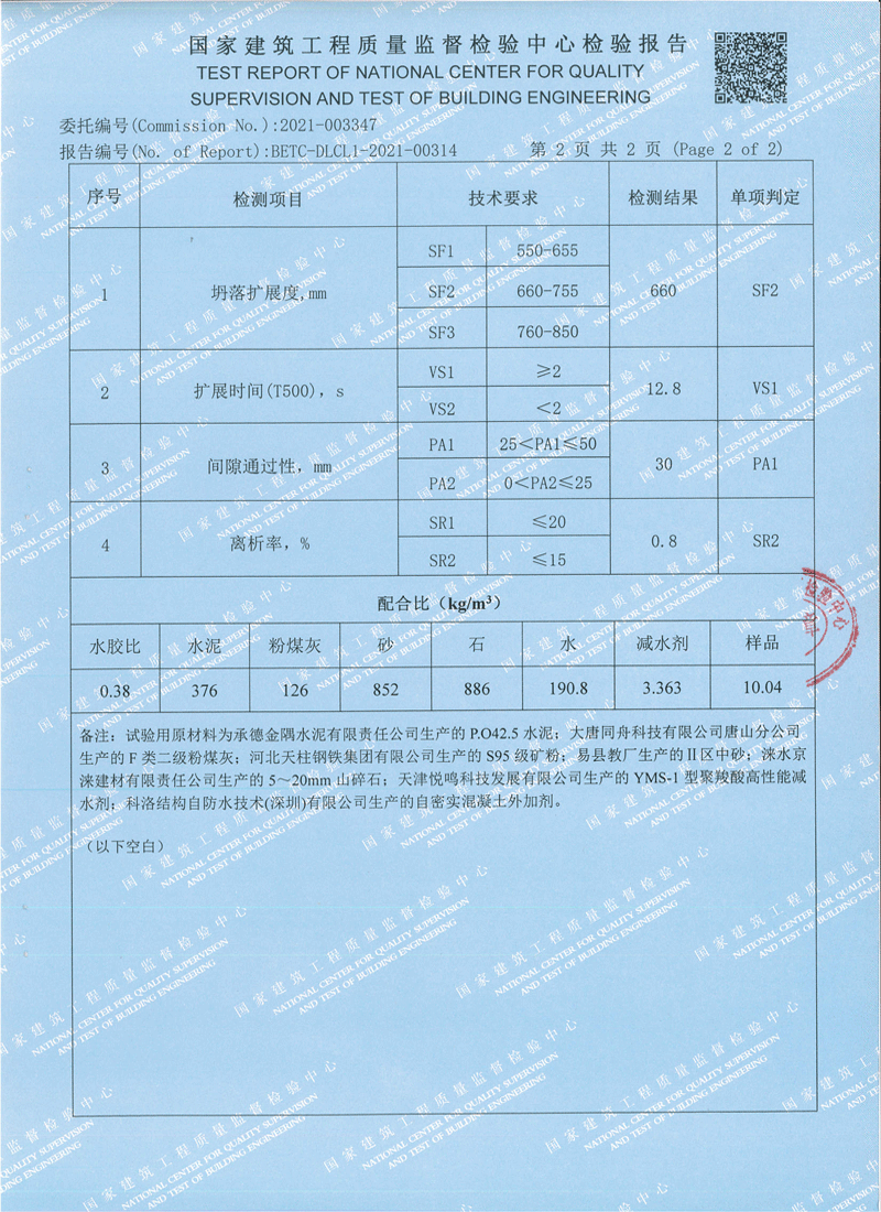 无机纳米抗裂防渗剂检测报告